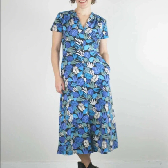 Nooworks Blue Dress Greta Plant Life Midi Short Sleeve V Neck XS Made in US - Picture 1 of 11